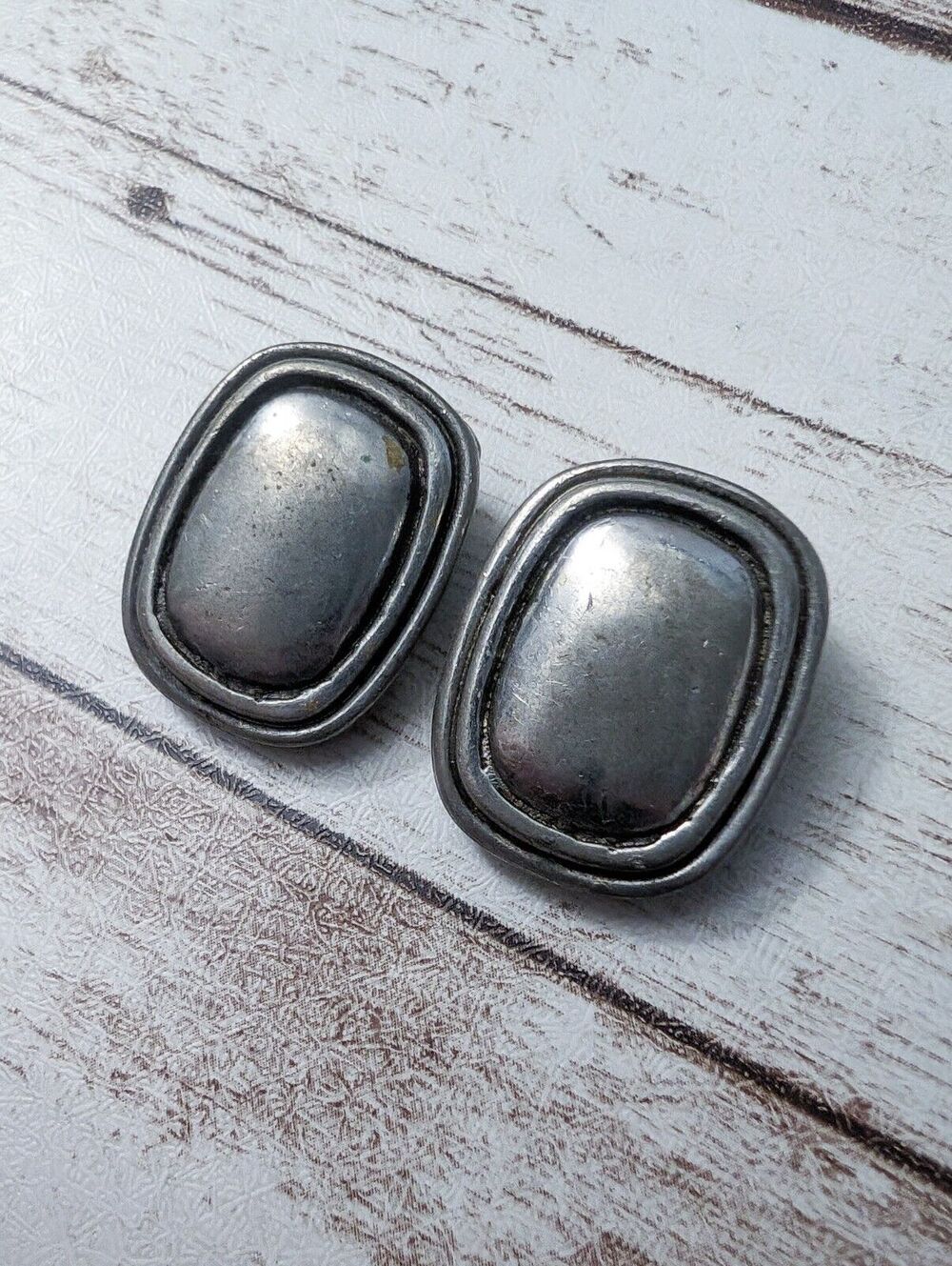 Vintage Clip On Earrings - Brushed Silver Tone Rectangle